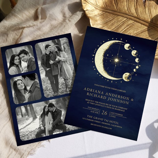 Celestial Crescent Moon Phases Blue Wedding Gold Foil Invitation (Creator Uploaded)