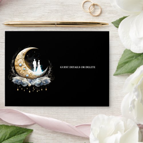 Celestial crescent moon silhouette bridal couple  envelope