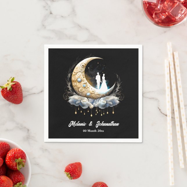Celestial crescent moon starry night couple chic napkins (Insitu)