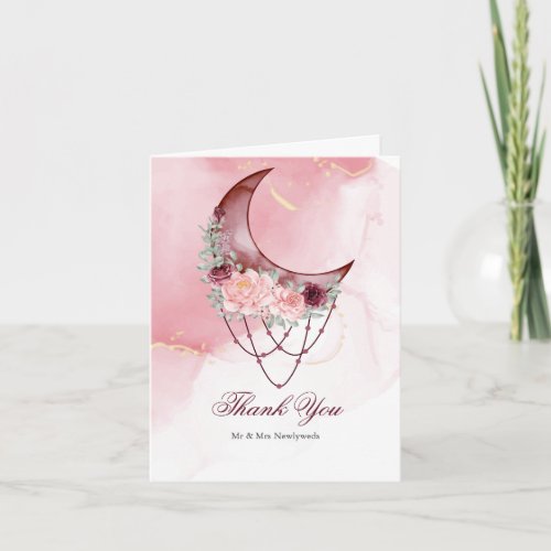 Celestial Crescent Moon Watercolor Pink Maroon Thank You Card