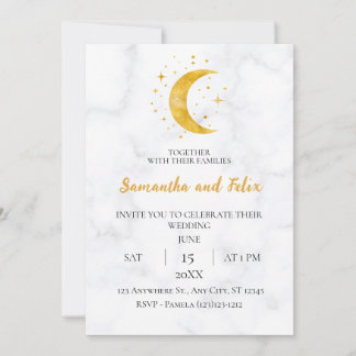 Celestial Crescent Moon Witchcraft Marble Wedding Invitation