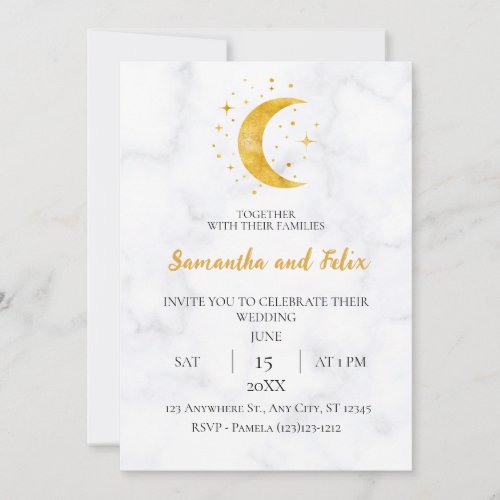 Celestial Crescent Moon Witchcraft Marble Wedding Invitation
