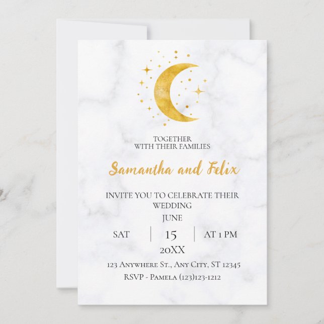 Celestial Crescent Moon Witchcraft Marble Wedding Invitation (Front)