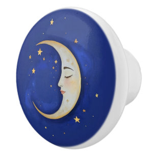 Celestial Crescent Moon with Face Gold Dark Blue Ceramic Knob