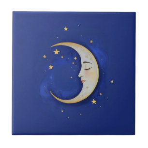 Celestial Crescent Moon with Face Gold Dark Blue Ceramic Tile