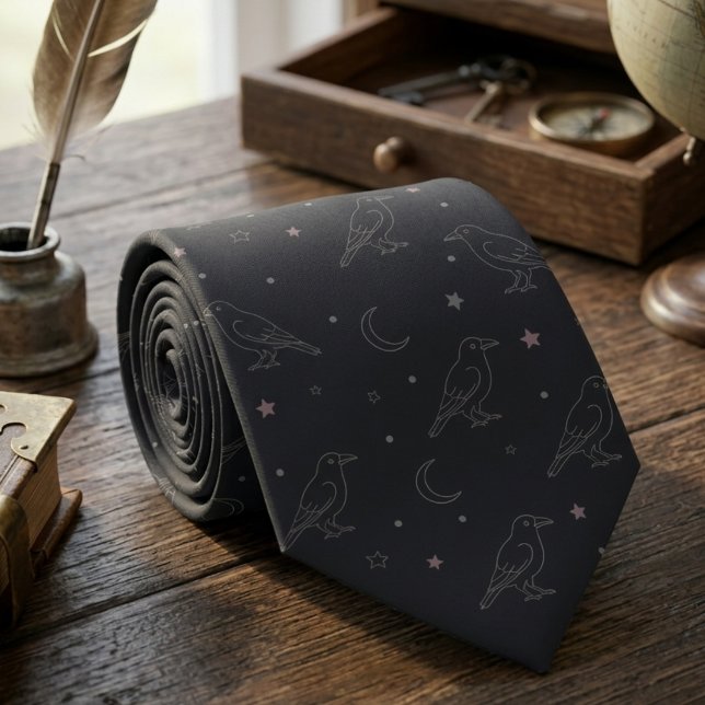 Celestial Crow Dark Academia Men's Neck Tie (Whimsigoth Raven necktie)