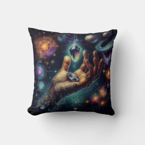 Celestial Crystal in the Palm Galaxy Spacy  Throw Pillow