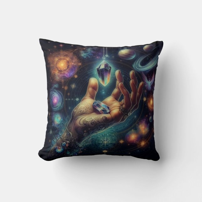 Celestial Crystal in the Palm Galaxy Spacy  Throw Pillow (Front)