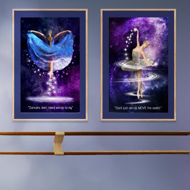 Celestial Dance Poster Set (Galaxy dance posters glow above a purple wall, perfectly complementing this cozy studio vibe.)
