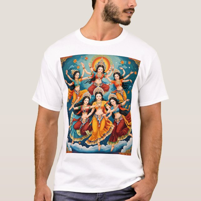 Celestial Dancers Procession - Thangka & Kalamkari T-Shirt (Front)