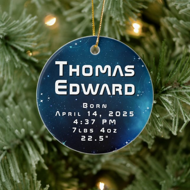 Celestial Deep Blue Outer Space Birth Announcement Ceramic Ornament (Tree)