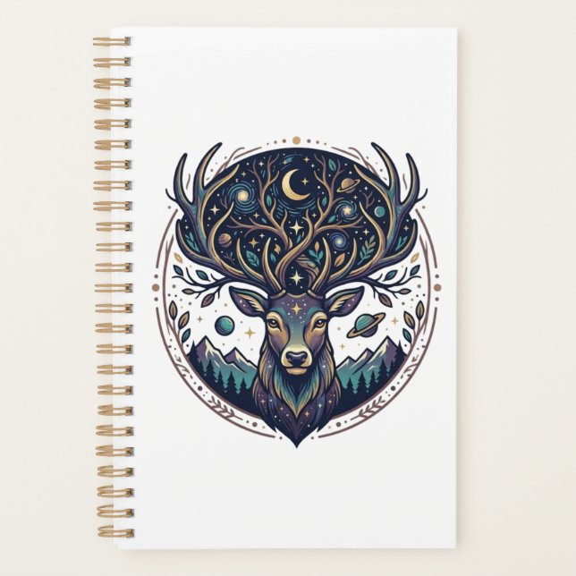 Celestial Deer Mystical Moon & Star Art Stag Planner (Front)