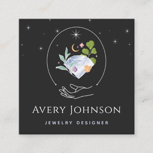 Celestial Diamond Moon Gem Stone Jewelry Designer Square Business Card