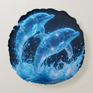 Celestial Dolphins: Dance of Light 1 Round Pillow