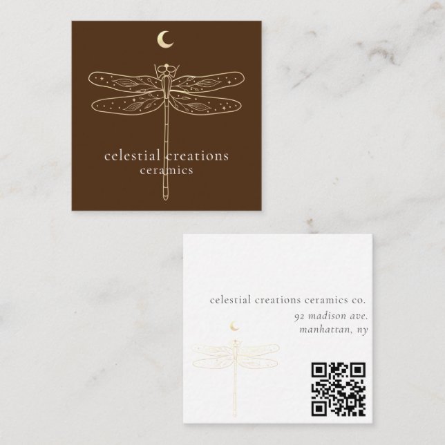 Celestial Dragonfly QR Code Brown Square Biz Card (Front/Back)