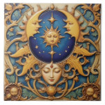 Celestial Dream Ceramic Tile<br><div class="desc">A tile with a sleeping woman while a dream appears above her with a sun with face flanked by celestial beings floating in a starry evening sky surrounded by golden ornaments.</div>