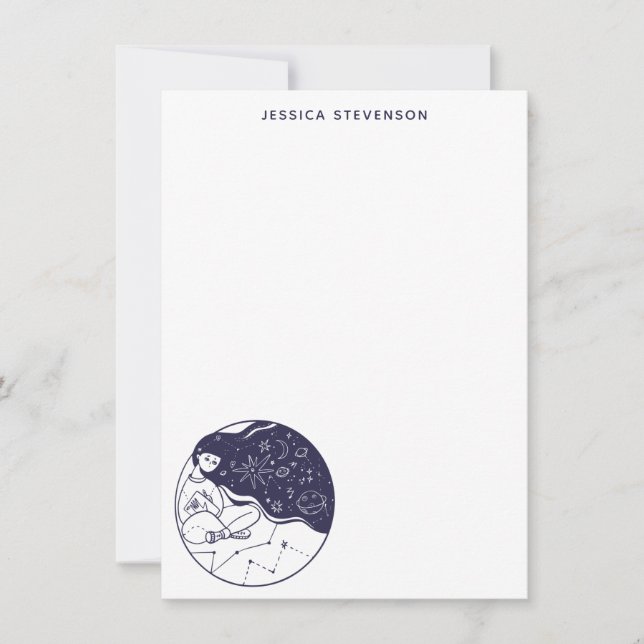 Celestial Dreaming Space Girl Sketch Personalized Note Card (Front)