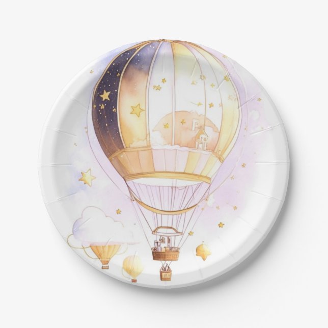 Celestial Dreamland Baby Shower Hot Air Balloon Paper Plates (Front)