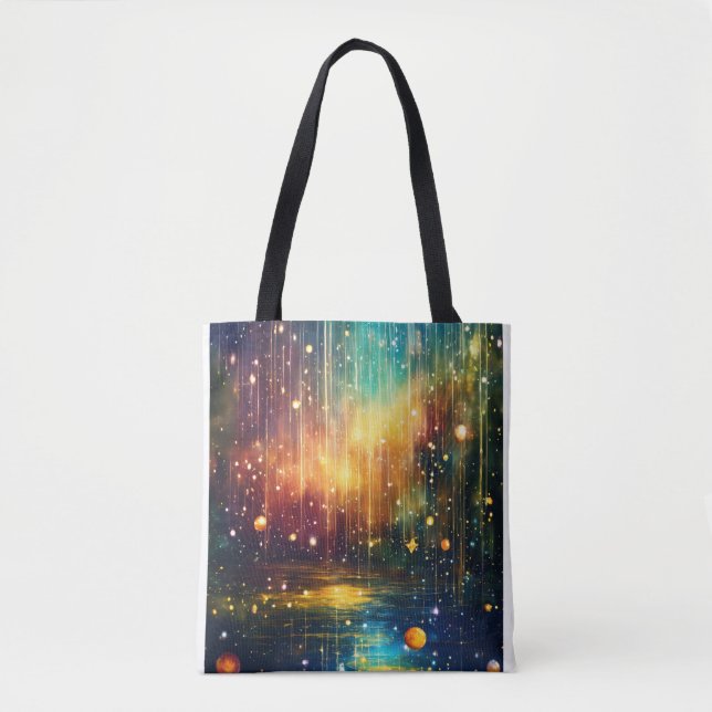 "Celestial Dreams: Magical Rain and Starry Skies T Tote Bag (Front)
