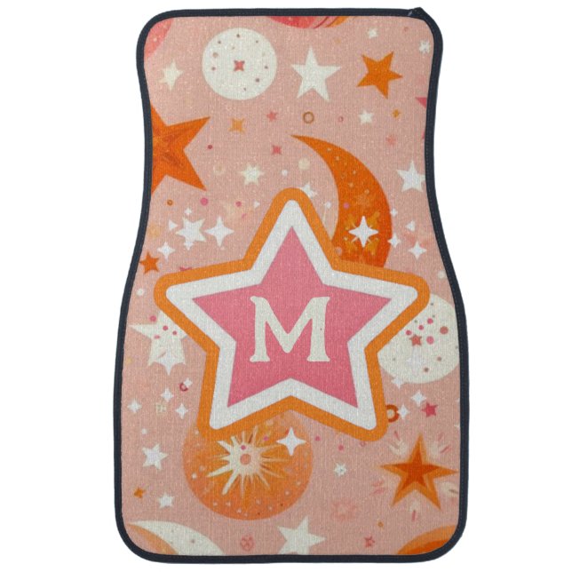 Celestial Dreams Orange and Pink Monogram Car Floor Mat (Front)