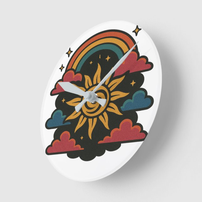 Celestial Dreams – Retro Sun & Rainbow Tarot Art Round Clock (Angle)