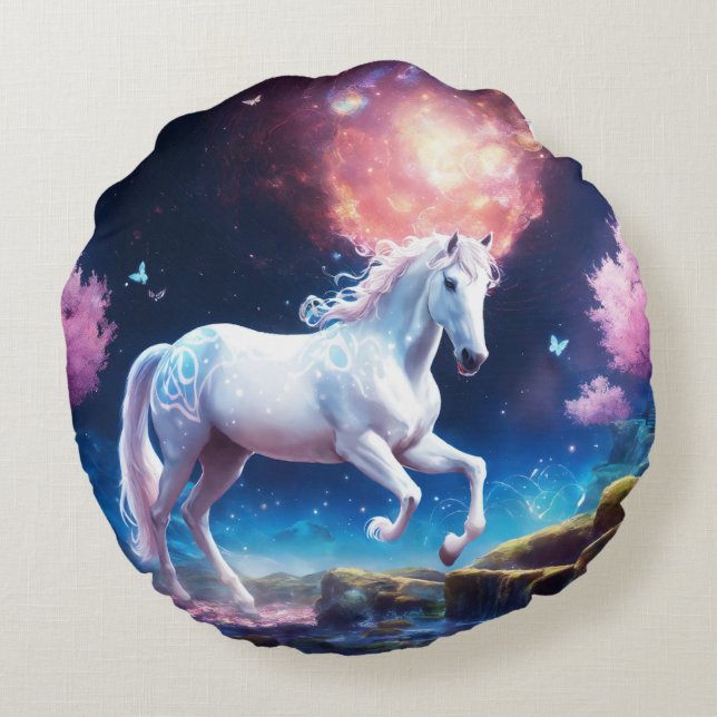 Celestial Dreamscape Pegasus Tee Round Pillow (Back)