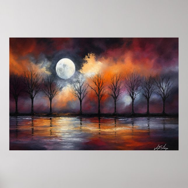 Celestial Echoes - Bare Trees Under Fiery Moonrise Poster (Front)