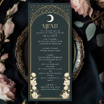 Celestial Elegant Arch Art Nouveau Wedding Menu<br><div class="desc">Elevate your event with our Art Nouveau-inspired menu! Featuring a radiant golden arch, shimmering stars, and delicate white flowers set against a deep blue background, this design adds timeless elegance to your table. It's perfect for weddings, galas, and upscale gatherings! Please note that the gold on this product is NOT...</div>