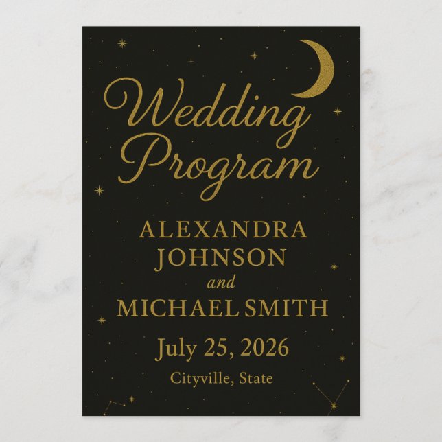 Celestial Elegant Black & Gold Wedding Program (Front)