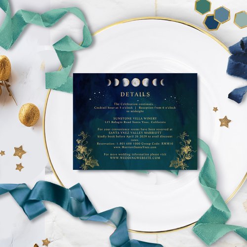 Celestial Elegant Blue Navy Green Wedding Details Enclosure Card