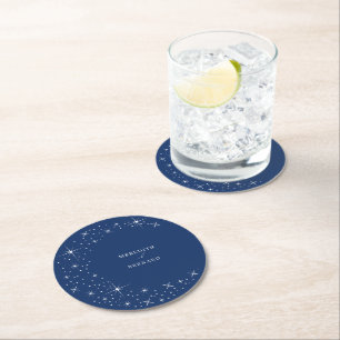 Celestial Elegant Moon Navy Blue Wedding Round Paper Coaster