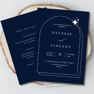 Celestial Elegant Navy Blue Arch Luxury Wedding Invitation