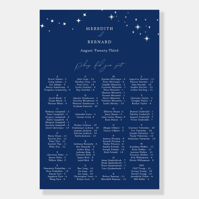 Celestial Elegant Navy Blue Wedding Seating Chart Foam Board (Front)