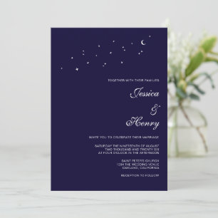 Celestial Elegant Script Midnight Blue Wedding  Invitation