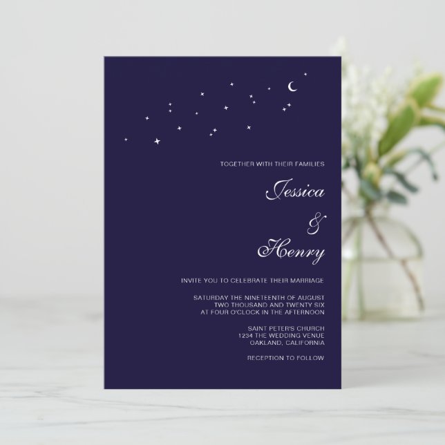 Celestial Elegant Script Midnight Blue Wedding  Invitation (Standing Front)