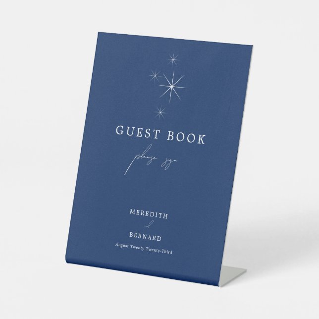 Celestial Elegant Wedding Navy Blue Guest Book Pedestal Sign (Front)