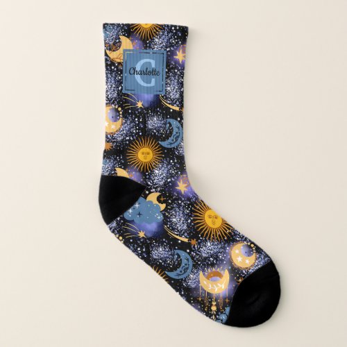Celestial Elements Pattern Moon Stars Sun Monogram Socks