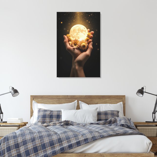 Celestial Embrace: Moon & Flowers Canvas Art (Insitu(Bedroom))