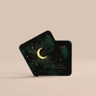 Celestial Emerald Crescent Moon Square Business Card
