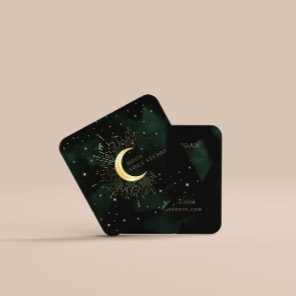 Celestial Emerald Crescent Moon Square Business Card