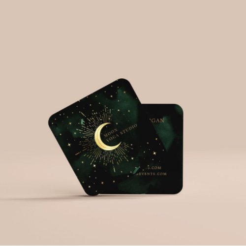 Celestial Emerald Crescent Moon Square Business Card
