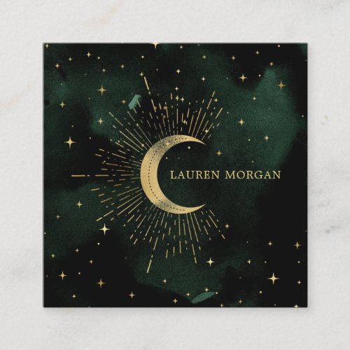 Celestial Emerald Crescent Moon Square Business Card