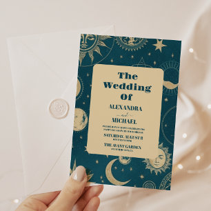 Celestial Emerald Gold Crescent Moon Invitation