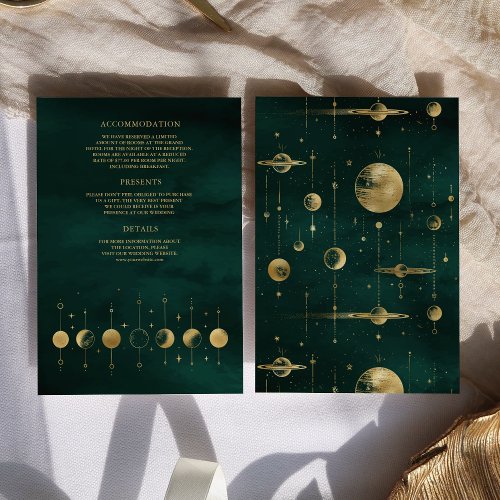 Celestial Emerald Gold Crescent Moon Phase Wedding Enclosure Card