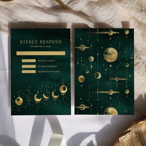 Celestial Emerald Gold Crescent Moon Phase Wedding RSVP Card
