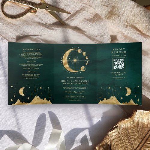 Celestial Emerald Gold Crescent Moon Phase Wedding Tri_Fold Invitation