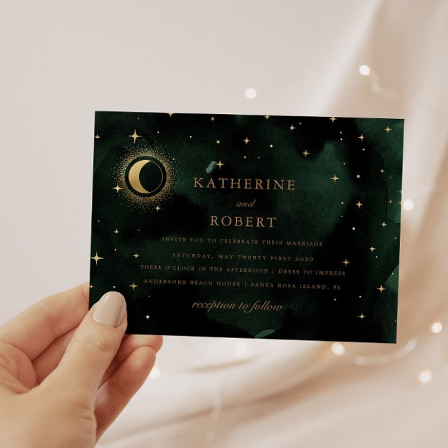 Celestial Emerald Gold Crescent Moon Wedding Invitation (Creator Uploaded)