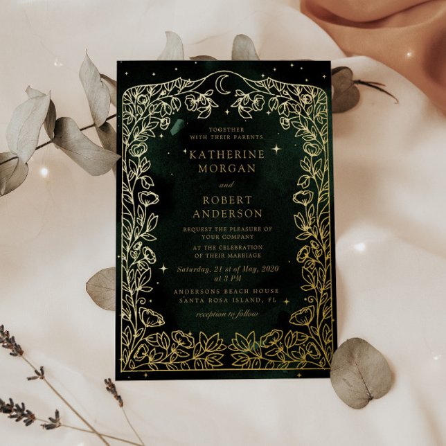 Celestial Emerald Gold Moon Foliage Wedding Foil Invitation (Creator Uploaded)