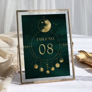 Celestial Emerald Gold Moon Phases Wedding Table Number