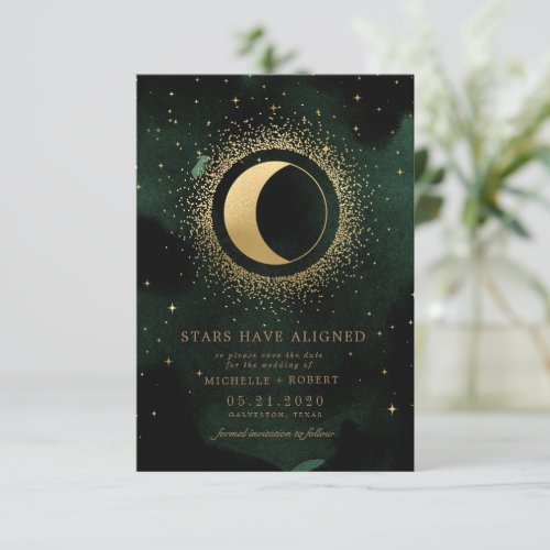 Celestial Emerald Gold Moon Photo Save The Date Invitation